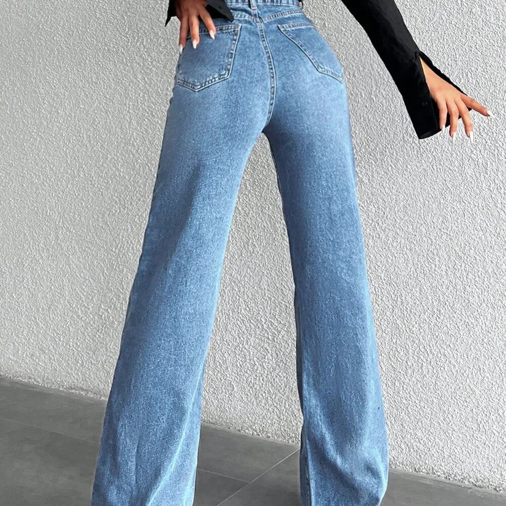 Blue Women's High Waist Wide Leg Jeans - Picture 3 of 5